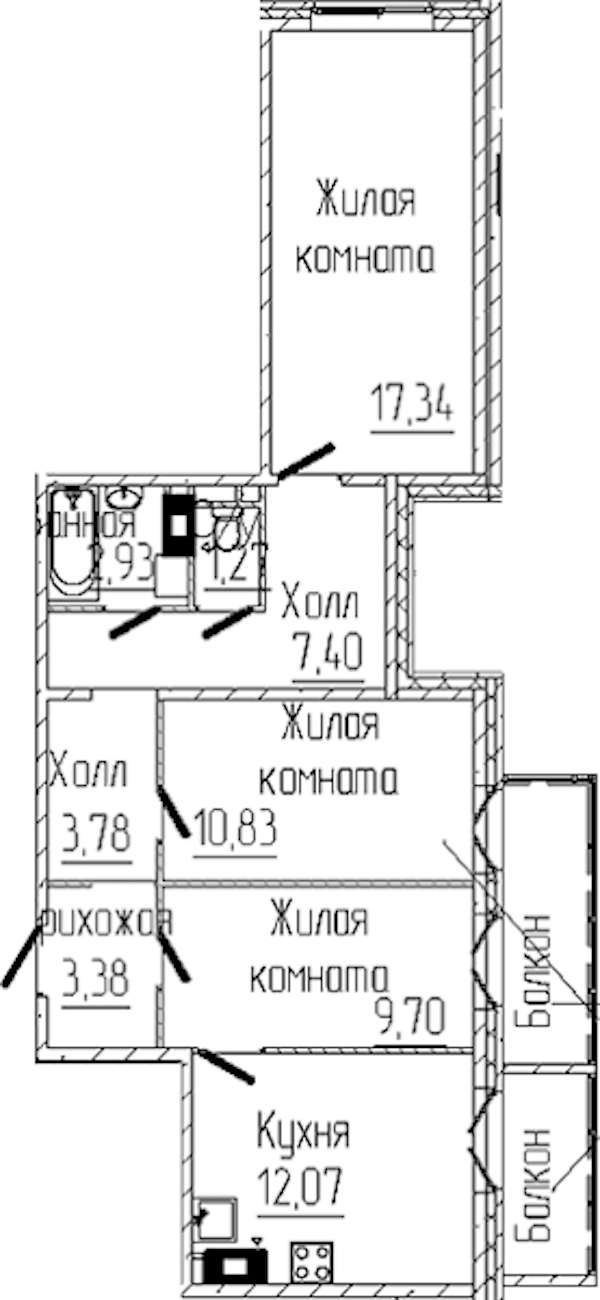 3-комнатная квартира 70.95 м², 4/6 эт., ЖК «SERTOLOVO PARK»